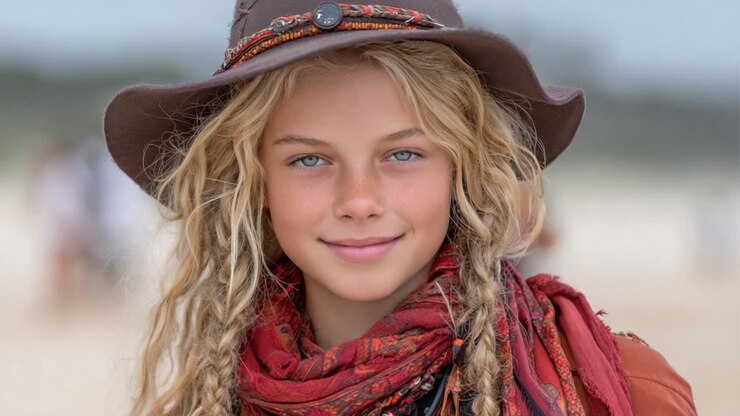 Ritratto affascinante di una giovane ragazza con capelli biondi e un sorriso incantevole, vestita con un cappello elegante e una sciarpa colorata su uno sfondo marino