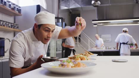 professional mixed race male chef in a restaurant kitchen, putting food on a plate