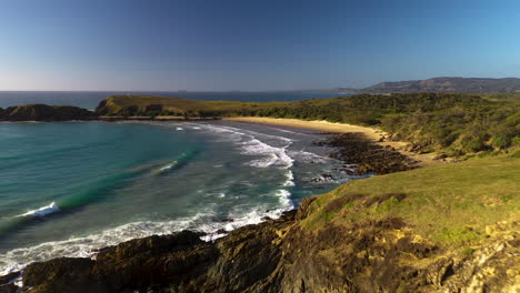 revealing drone shot starting on ocean waves then showing kangaroos on a cliff