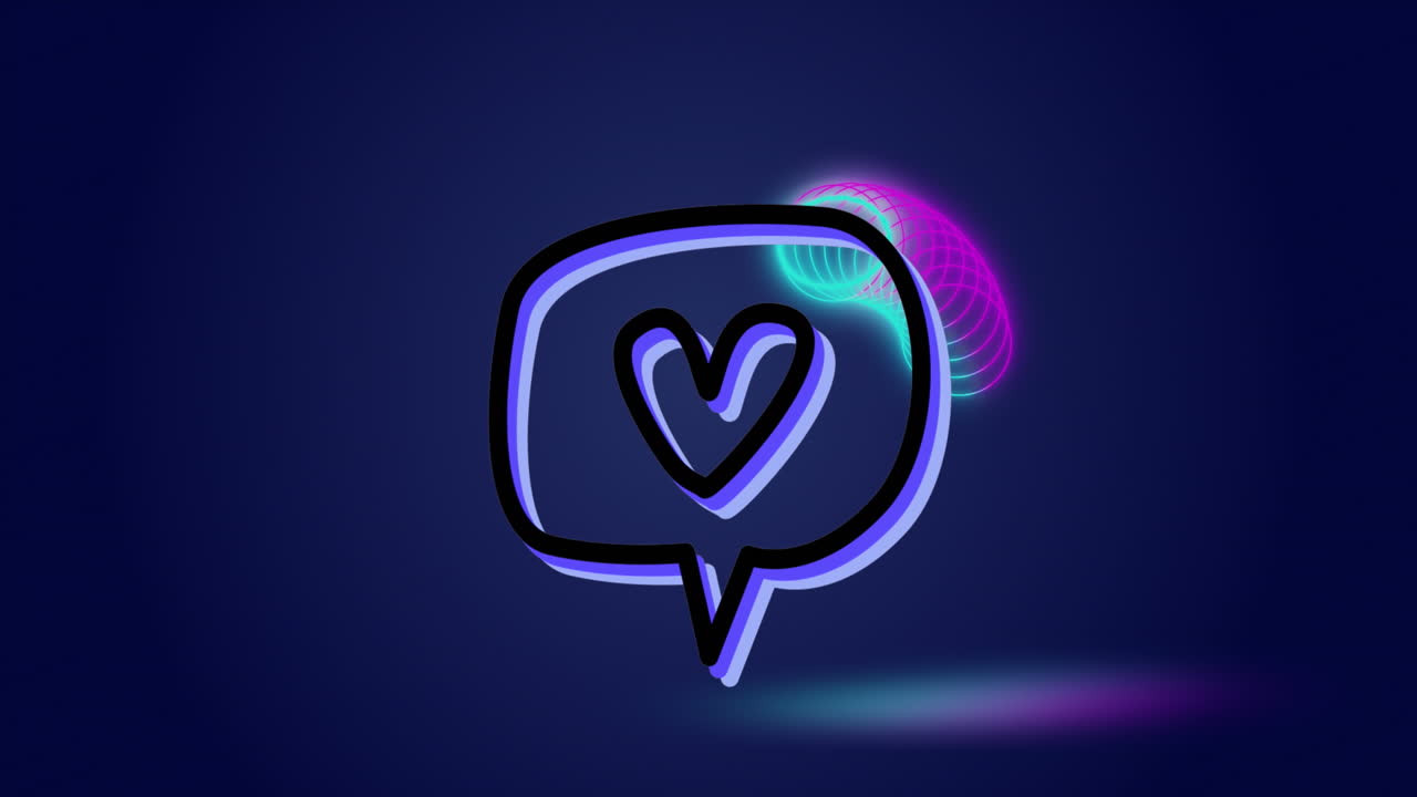 Animation of heart in message box over moving circles against blue background