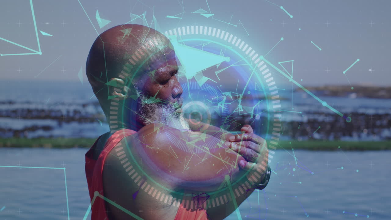 Animation of focus and geometrical shapes over fit african american senior man exercising outdoors