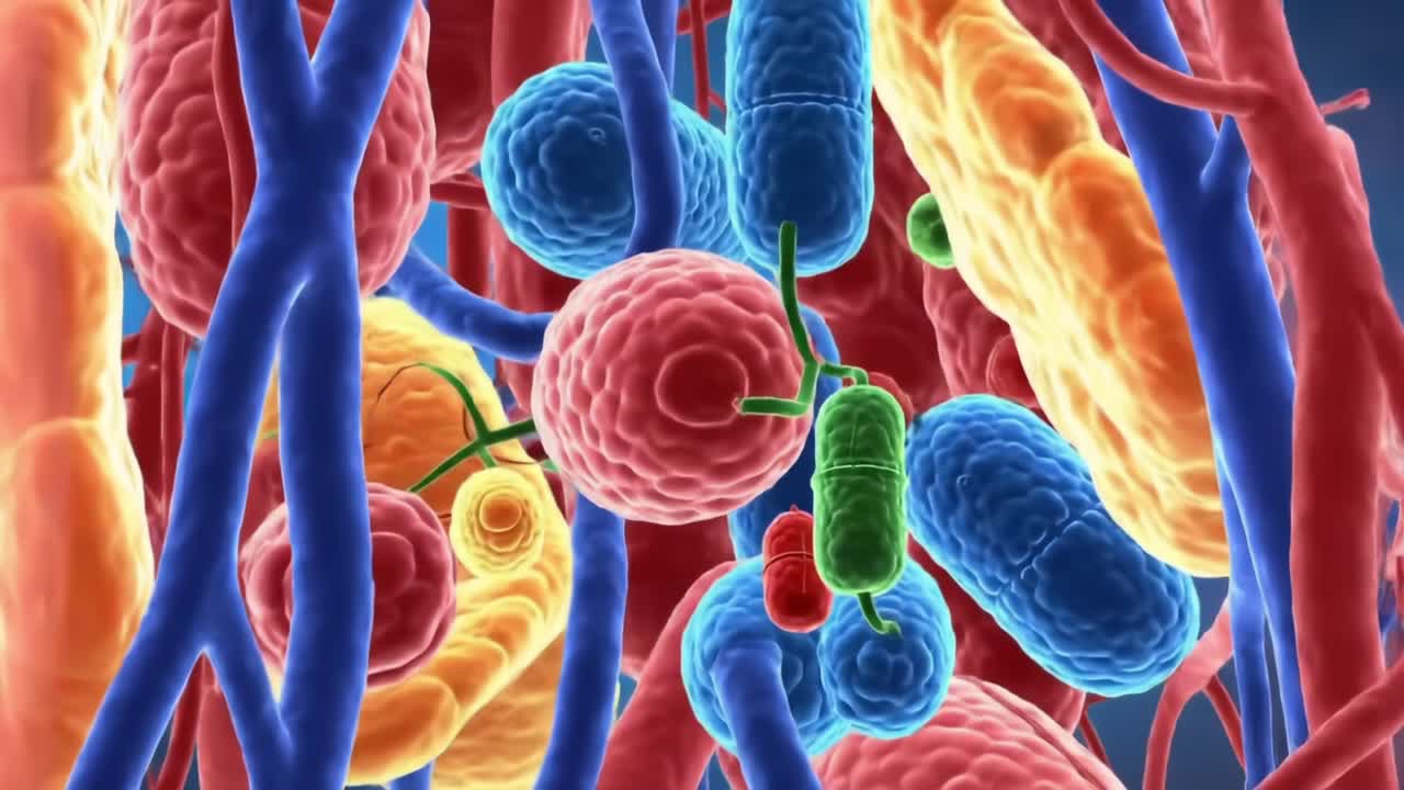 A Detailed Visualization of Human Cellular Structures Within the Vascular System, Showcasing Interactions Between Cells and Blood Vessels in a Vibrant Microenvironment