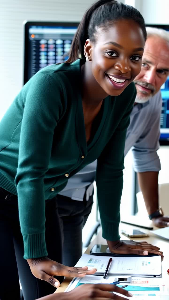 En ung afrokvinde leder et møde med sit team på et lyst, levende kontor