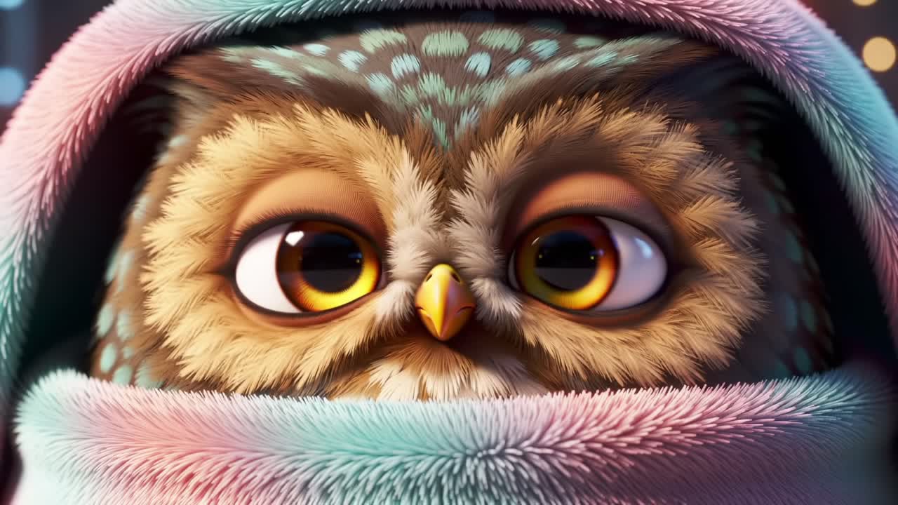 Adorable Owl Awakens: A Charming Journey from Sleep to Curiosity Captured in Two Frames Featuring a Cozy Owl Surrounded by a Soft Blanket and Gentle Lights