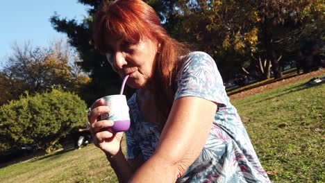 red haired caucasian senior woman drinks mate in an urban outdoors green park, portrait view, south american beverage