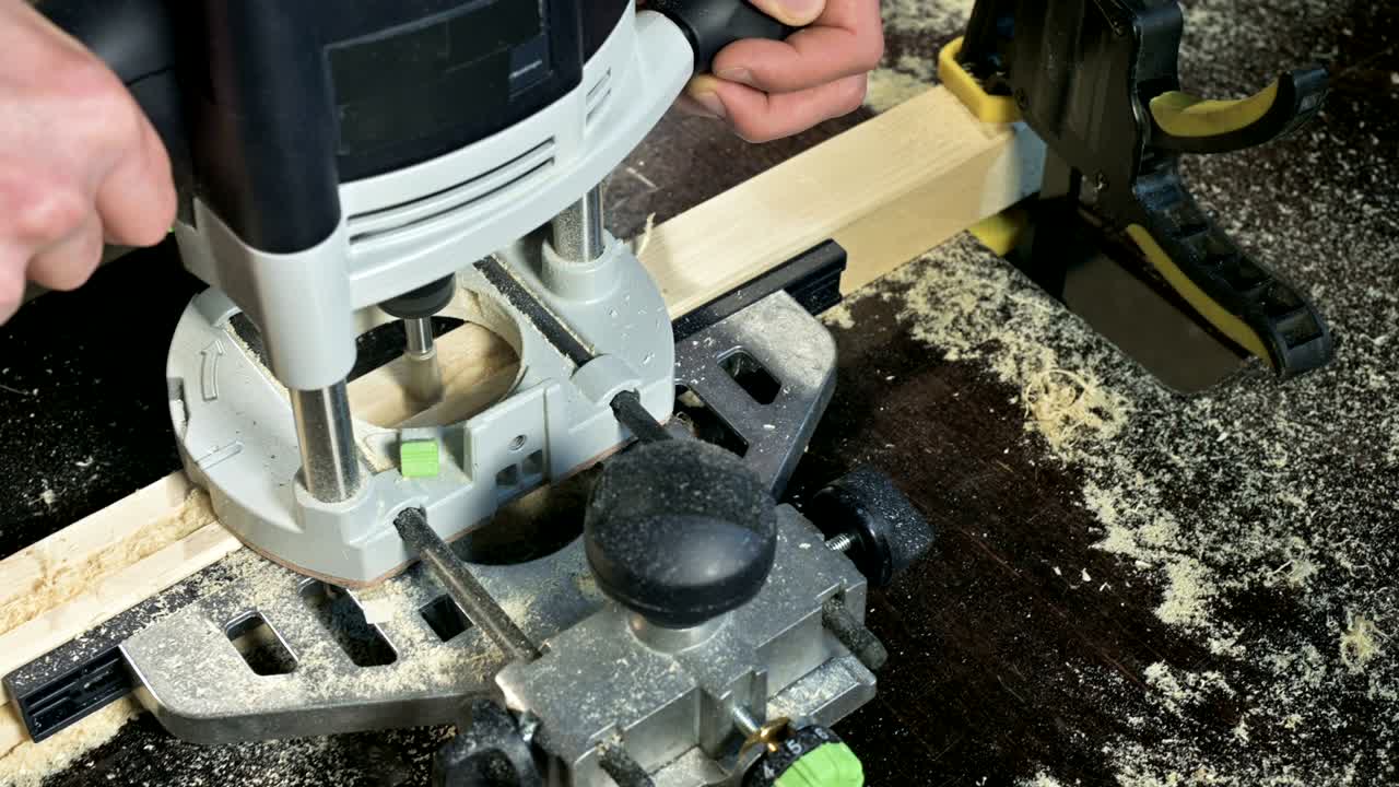 primer plano de la mano de un carpintero trabajando con un cortador eléctrico manual en un taller casero.