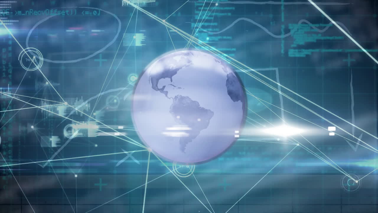 검은색 배경에 연결 및 데이터 처리를 가진 지구의 애니메이션