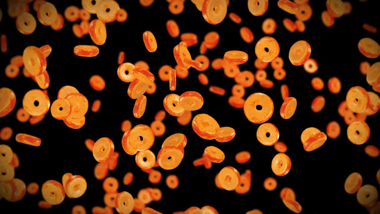 volando muchas rosquillas planas en fondo negro. pastel de rosquillas, dulces, postre. animación en 3d de la rotación de las rosquillas. animación de bucle.