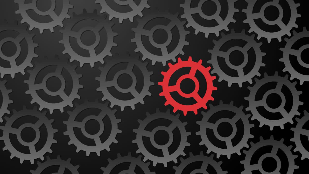 concepto abstracto de inteligencia informática, trabajo en equipo, colaboración. fondo de movimiento industrial, científico y comercial. una rueda dentada roja gira un sistema de engranajes. bucle infinito.