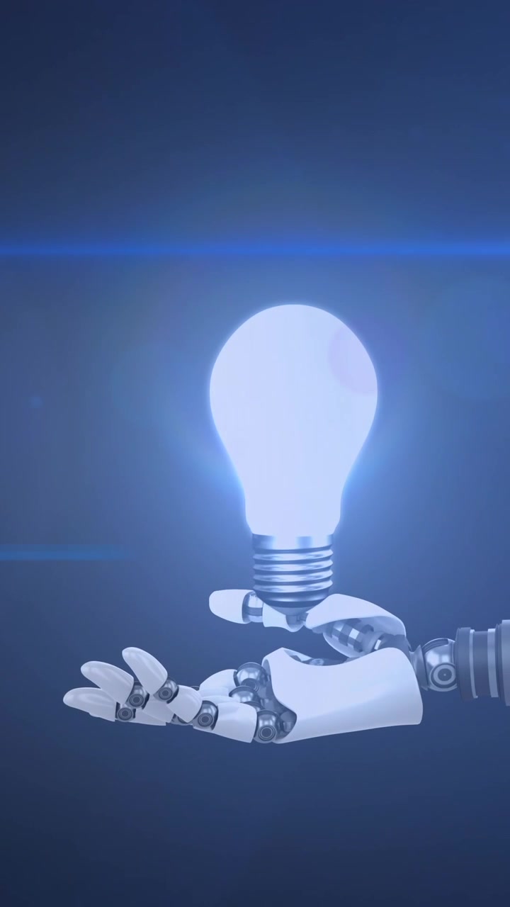 Animazione di una lampadina sulla mano di un braccio robotico, con luce in movimento su sfondo scuro