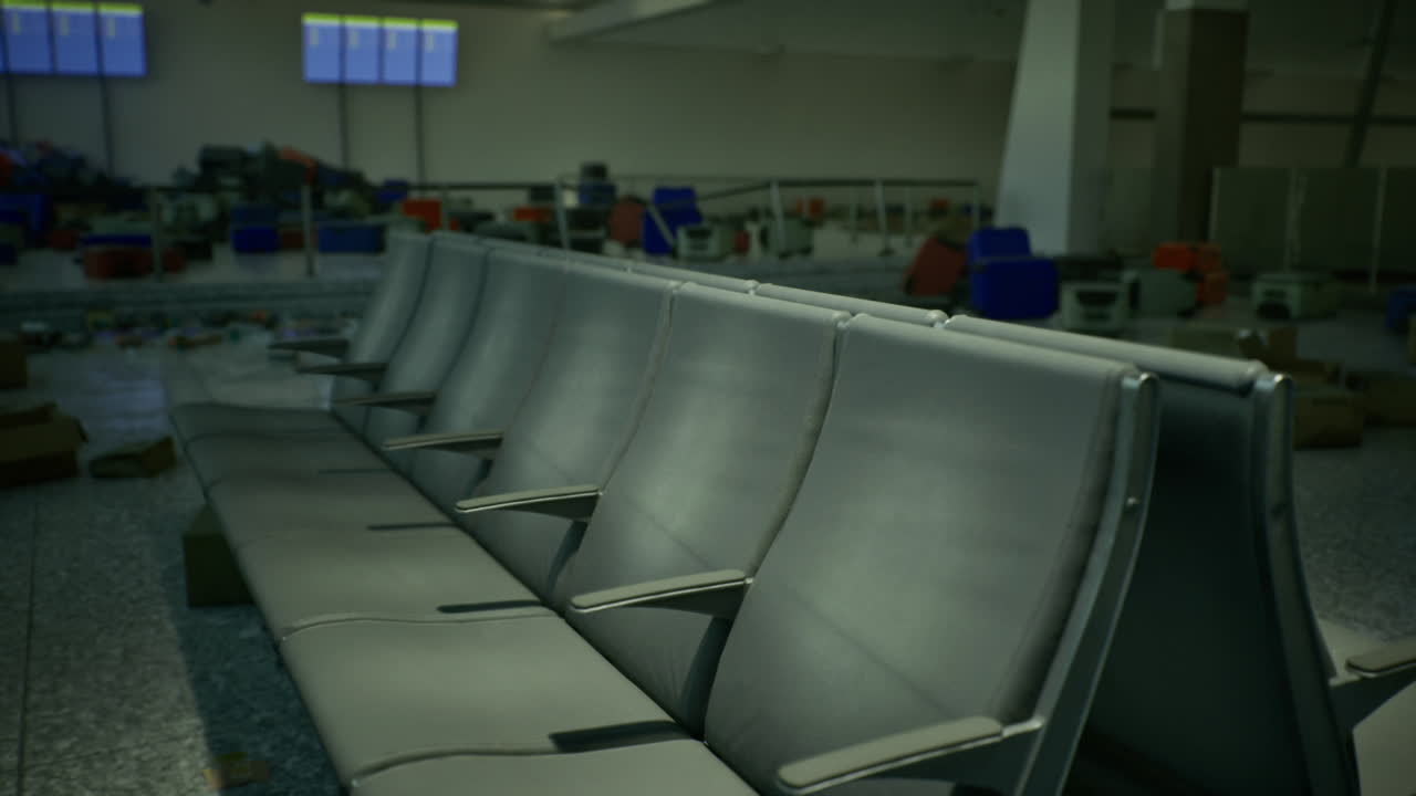 Fila di sedili vuota in un terminal tra bagagli e superfici materiche.