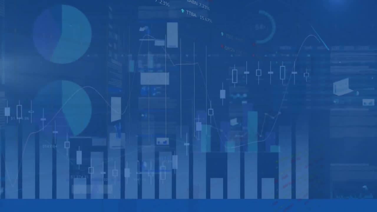 Animation of screens with statistical data processing against blue background