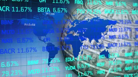 animación de datos financieros sobre el mapa del mundo y el globo giratorio