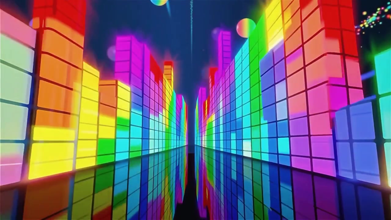 Fundo Futurista com Visualizador de Equalizador de Música Neon Arco-Íris.