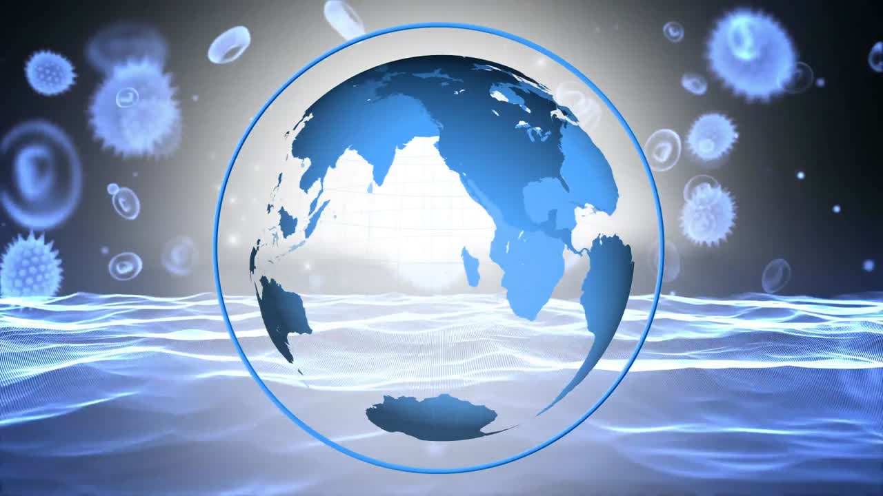 세계 지구를 배경으로 한 파란색 코로나 바이러스의 애니메이션