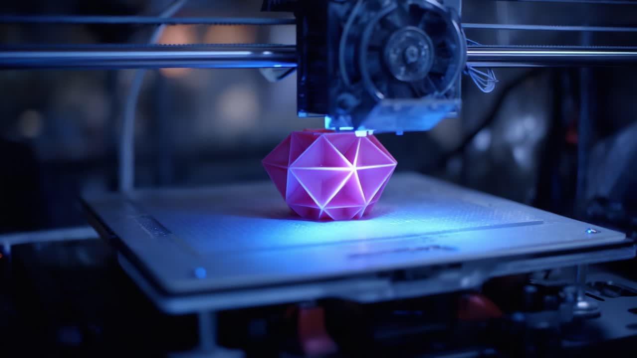 A Magnificent 3D Printer Creating a Stunning Geometric Design: The Transformation of a Bright Pink Diamond-Shaped Object Under Artistic Illumination
