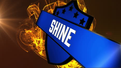 animation of shine text on shield over gold wave on dark background