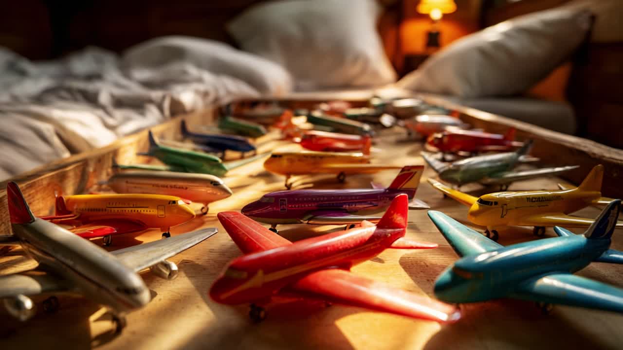 A Colorful Display of Miniature Airplanes Arranged on a Wooden Tray, Capturing the Intricacies of Aviation and Nostalgia in a Cozy Bedroom Setting