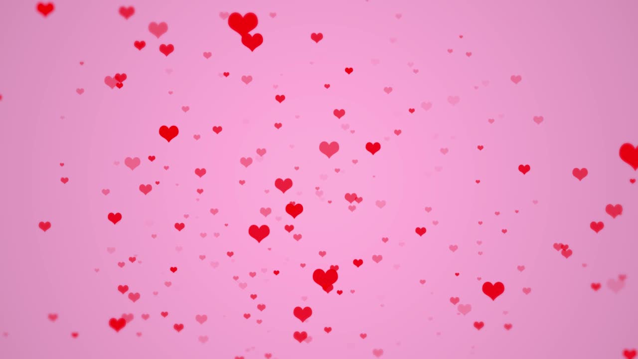 Simboli a forma di cuore rossi che cadono su sfondo rosa