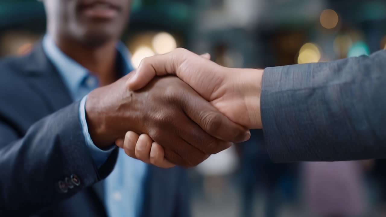 Business handshake between two professionals, symbolizing partnership and collaboration with blurred background effect suggesting a dynamic environment