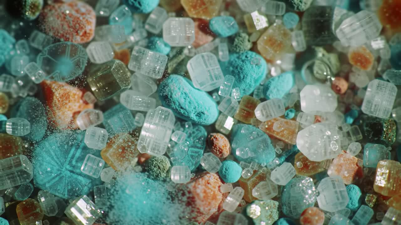 A Mesmerizing Close-Up Exploration of Colorful Mineral Crystals and Textured Granules Captured in Stunning Detail, Showcasing Their Unique Form and Arrangement