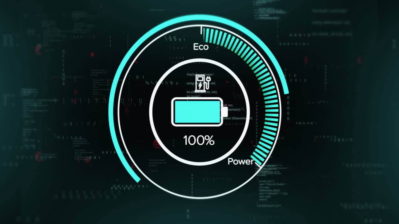 Scene opening on code background with Eco gauge charging 9%-100% then discharging 13% illustrating