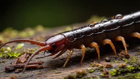a detailed close-up of a centipede on wood, capturing its intricate anatomy and the textures of its environment