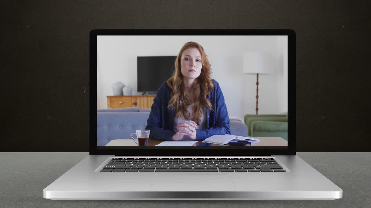 Animation of caucasian businesswoman on laptop video call