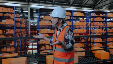 vista lateral de un ingeniero masculino asiático con casco de seguridad de pie en el almacén con estantes llenos de mercancías de entrega. preguntándose y diciendo por qué trabaja dudosamente en el almacenamiento