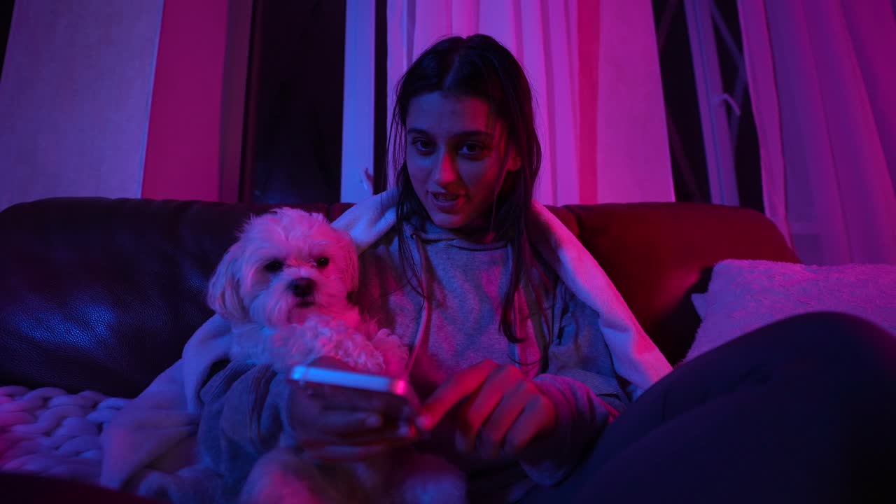 девушка и собака отдыхают на диване ночью