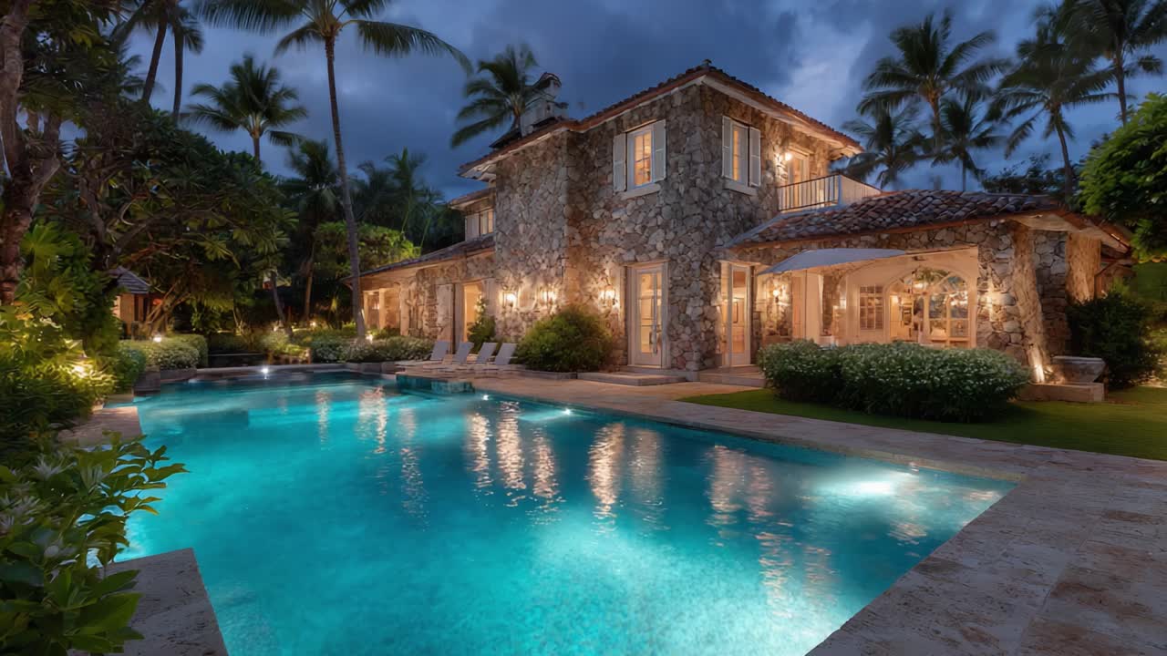 Uma cena crepuscular deslumbrante de uma luxuosa casa de pedra cercada por palmeiras exuberantes e uma piscina cintilante, iluminada por iluminação externa suave