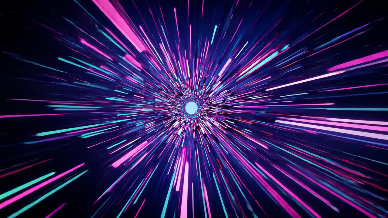 Showing central cyan orb emitting neon streaks in digital light tunnel, simulating warp flight