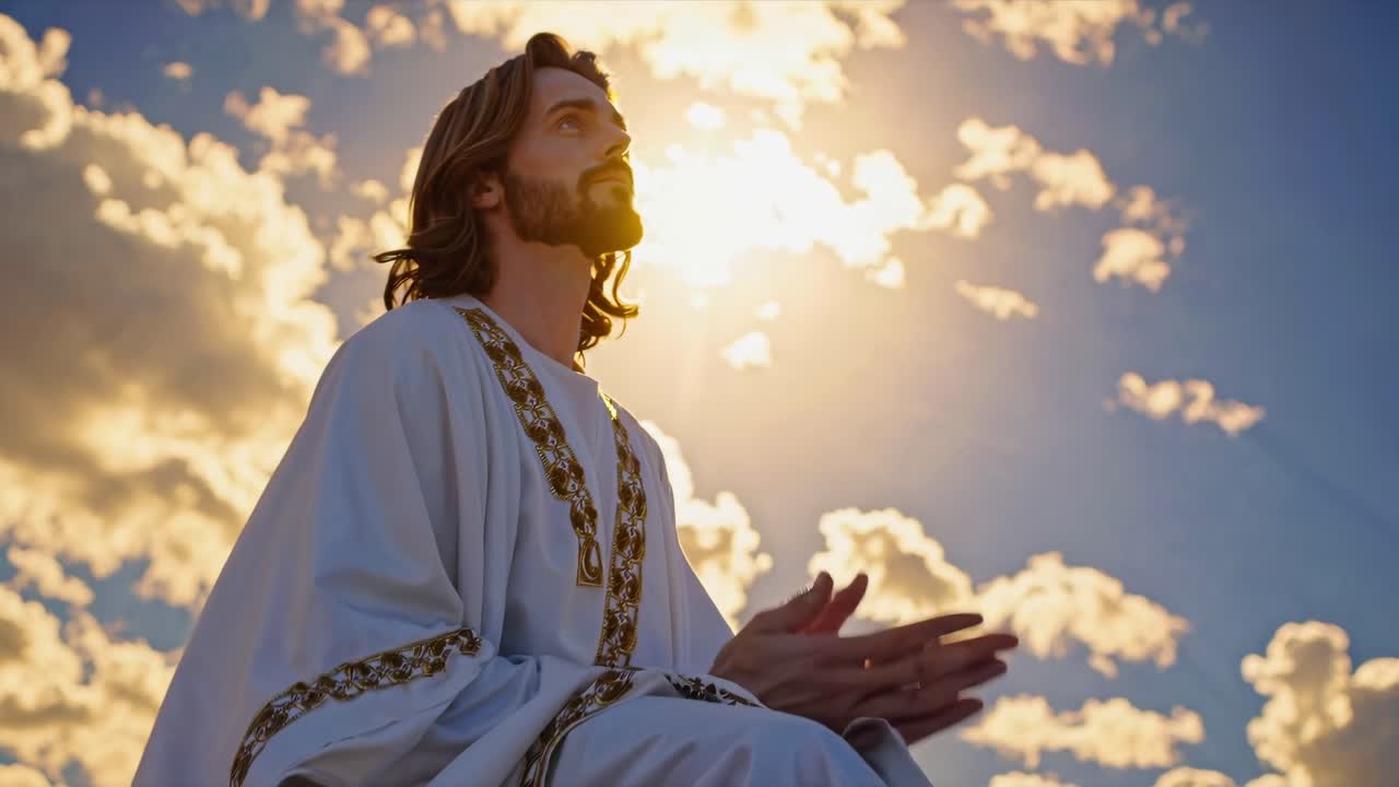 líder espiritual con vestido blanco y dorado prístino, uniendo las manos reverentemente mientras reza bajo la luz del sol dorado filtrando a través de suaves nubes ondulantes