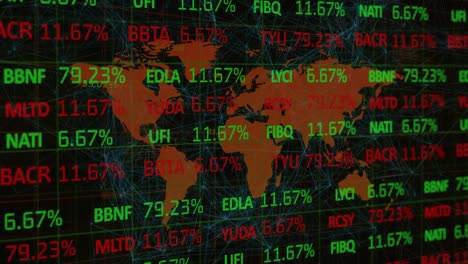 Animation-of-trading-board-over-map-and-dots-connected-with-lines-over-black-background