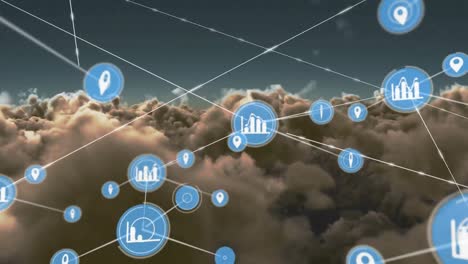 Animation-of-network-of-connections-with-icons-over-clouds