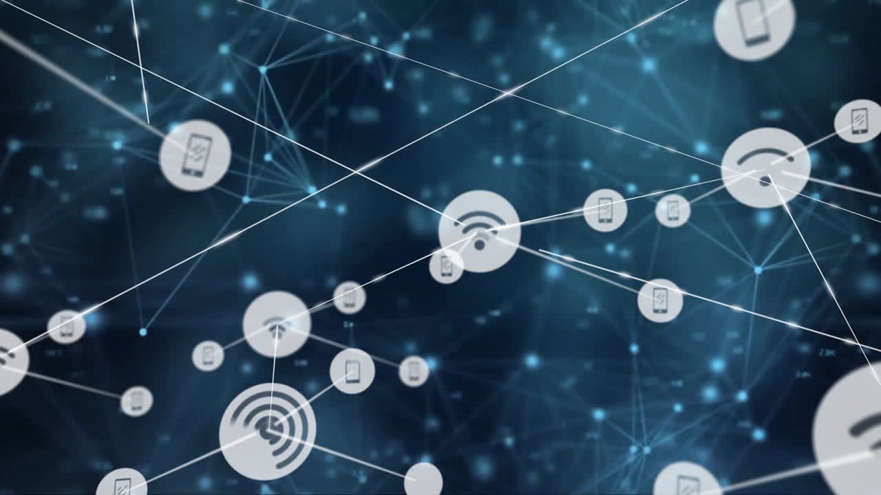 animacja sieci połączeń z ikonami nad punktami świetlnymi na czarnym tle