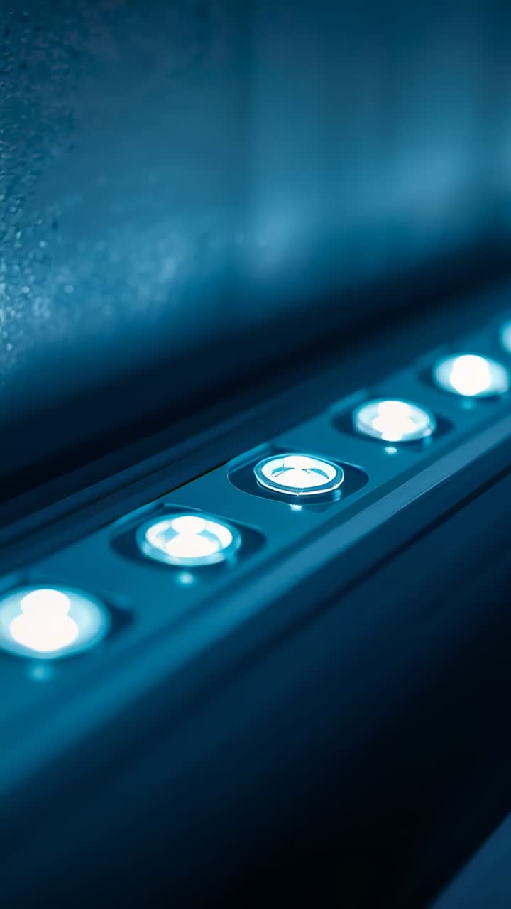 Pulling focus camera revealing LED module strip along textured wall, emphasizing cool-blue emitters