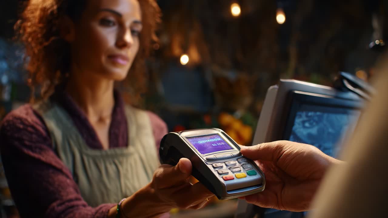 An engaging interaction at a payment terminal depicts a customer handing over their card for a transaction, set against a cozy backdrop that adds warmth to a routine payment process