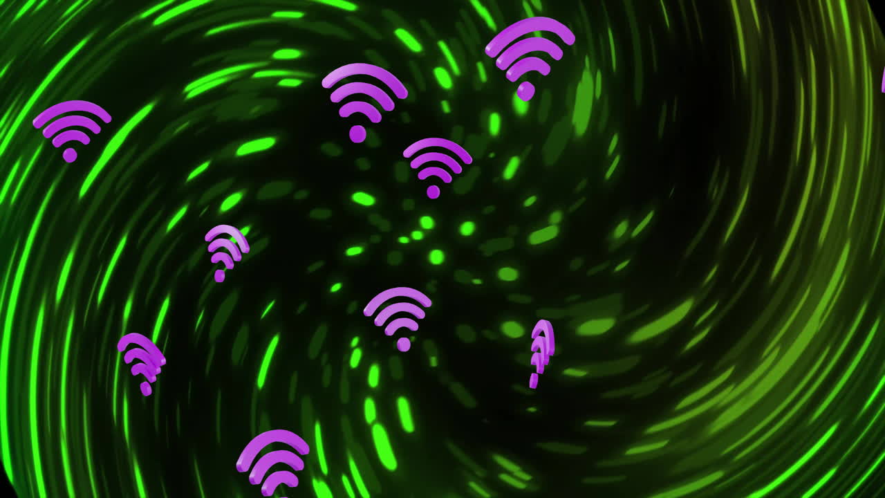 animación de iconos wifi y senderos de luz de neón en fondo negro