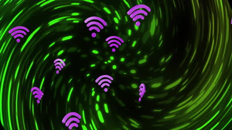 animación de iconos wifi y senderos de luz de neón en fondo negro