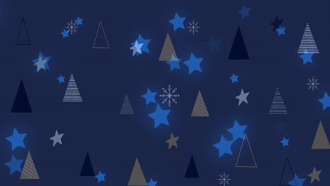 digital animation of glowing stars moving against multiple christmas trees on blue background