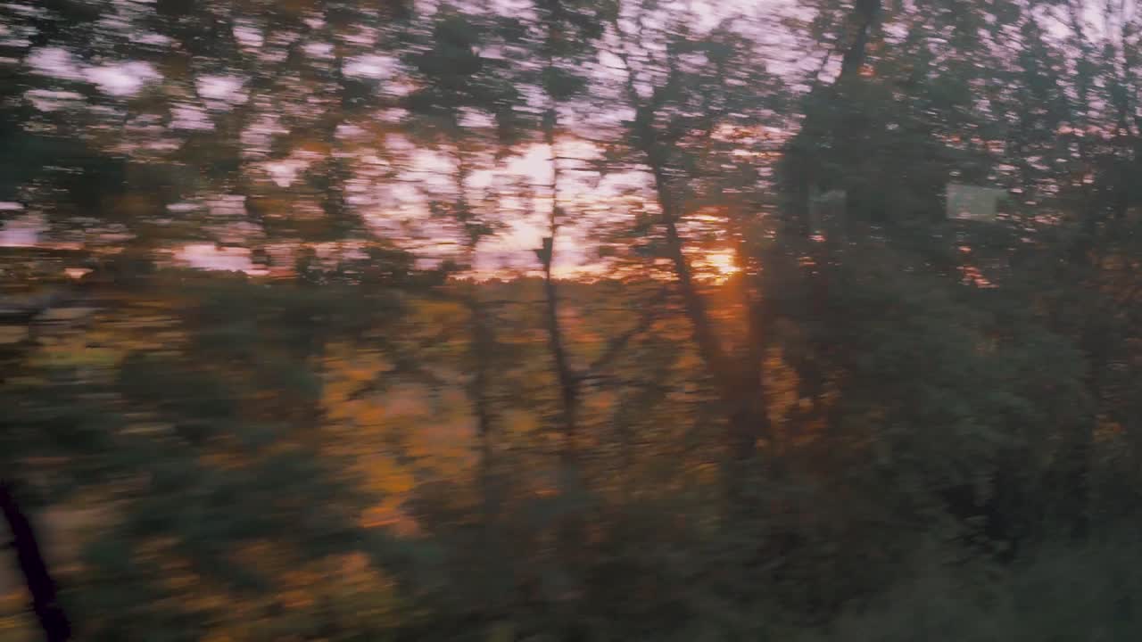 Summer Sunset Above Countryside Landscape, Slow Motion View From Moving Train