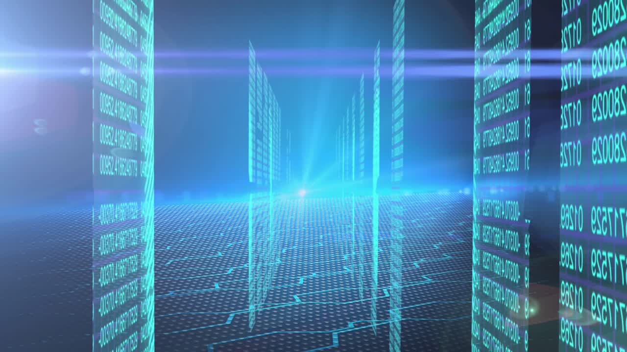 Digital animation of screens with binary coding and blue light trails against blue background