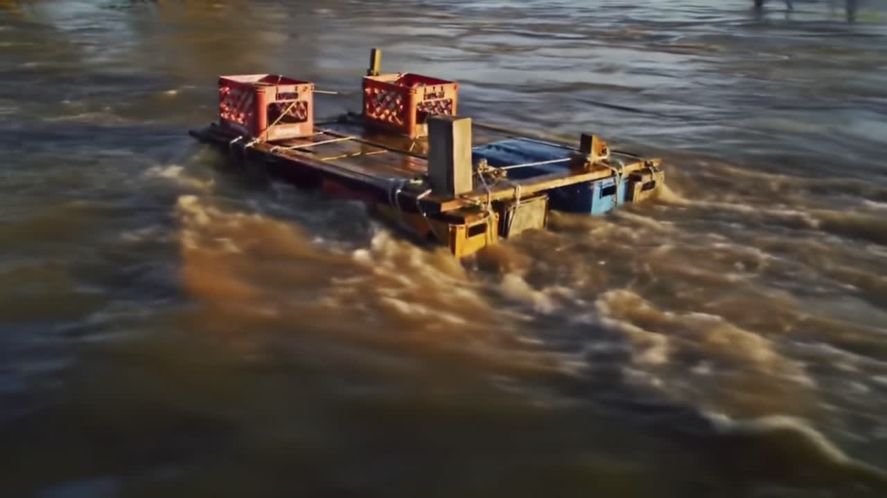 A makeshift raft navigates through tumultuous waters, showcasing both the determination of human ingenuity and the power of nature in a captivating scene