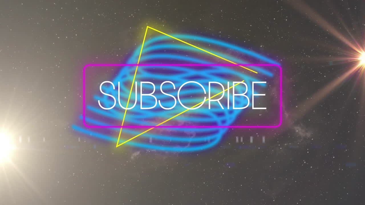 Neon subscribe text with geometric shapes over swirling blue light animation