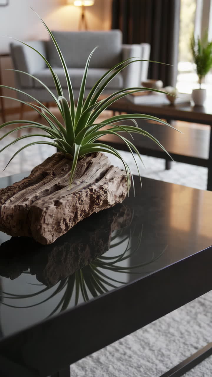 Soggiorno elegante con pianta aerea e decorazioni in legno galleggiante