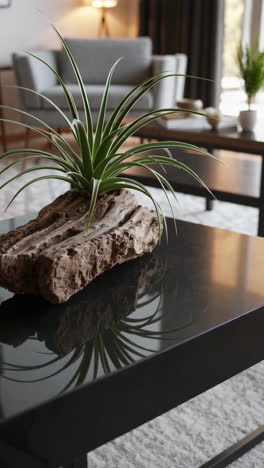 stylish living room with air plant and driftwood decor