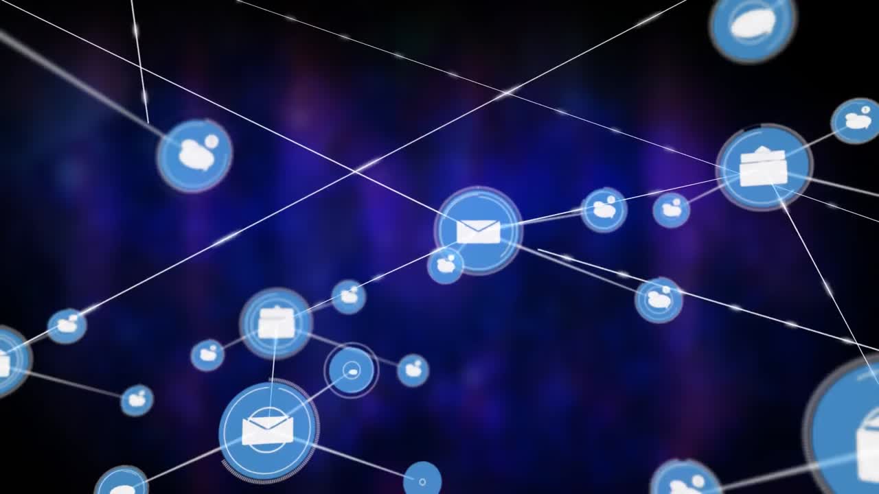 Animazione di una rete di icone digitali su sfondo blu testurizzato