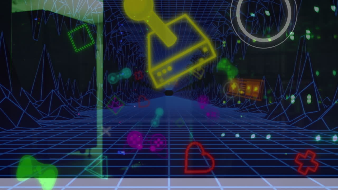 animación de iconos digitales de videojuegos y metaverso sobre cuadrícula