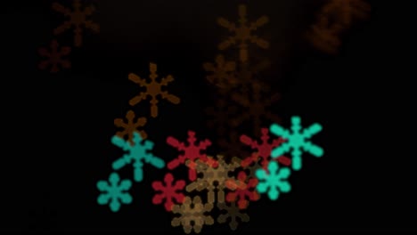 beautiful snowflake bokeh from moving car and traffic lights at the evening, christmas, winter or holiday background concept, copyspace